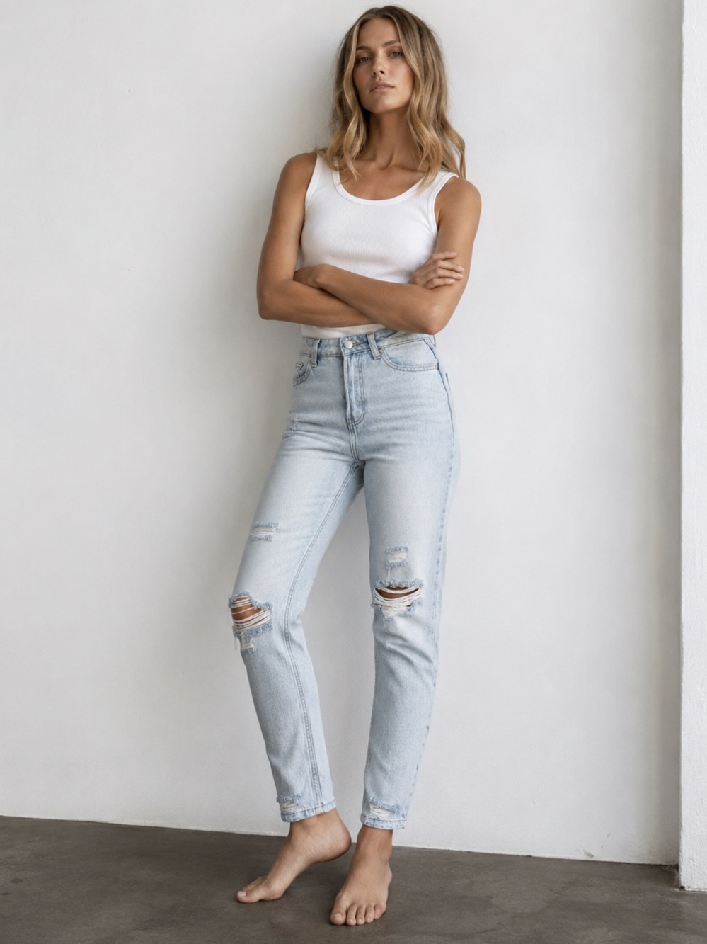 High Waist Straight Leg Ripped Bleached Blue Jeans